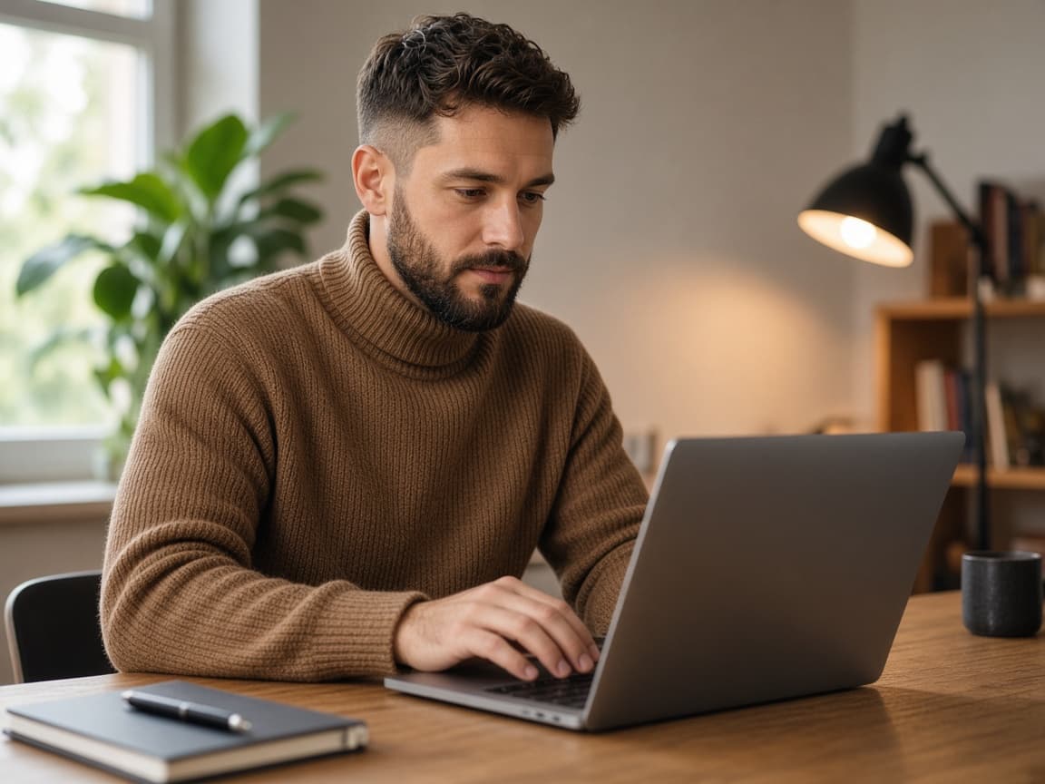 Man in a turtleneck working on a laptop at a desk