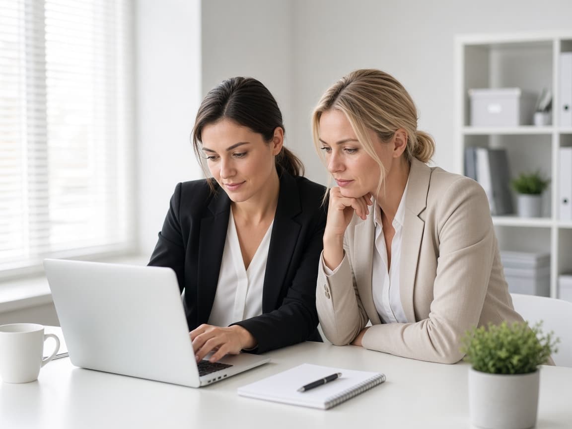 Two professionals collaborating at a laptop in a bright office
